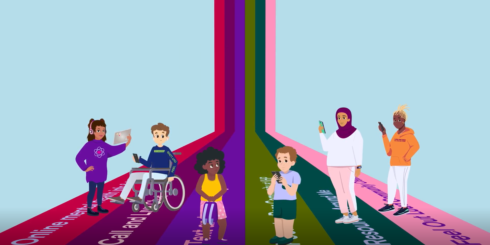 Animation d’un groupe de jeunes debout sur des bandes colorées représentant les services de JJE.