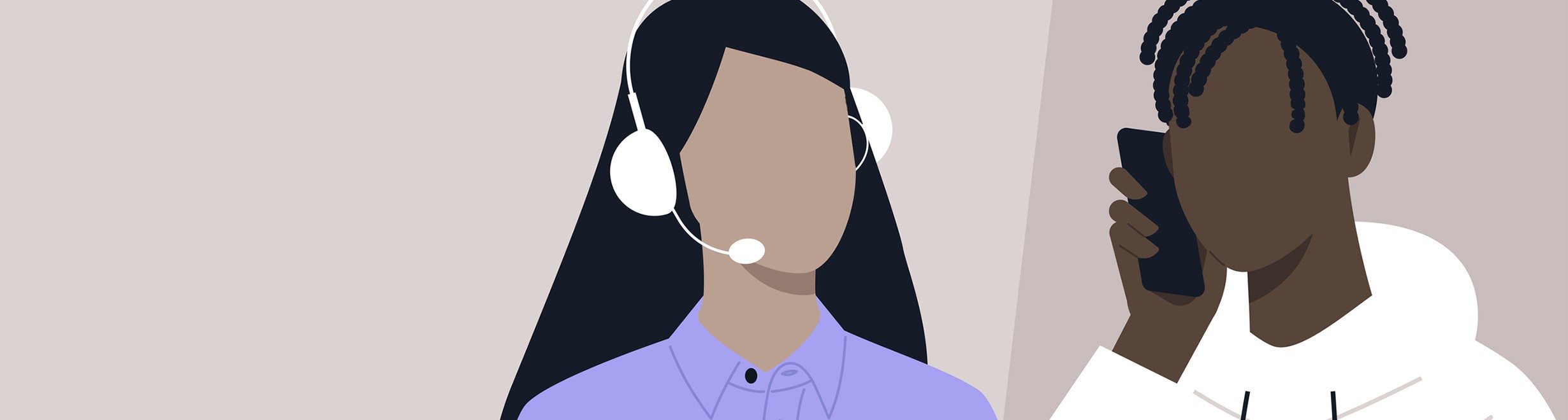 Illustration d’une intervenante professionnelle de Jeunesse, J’écoute portant un casque audio et qui échange avec un jeune au téléphone