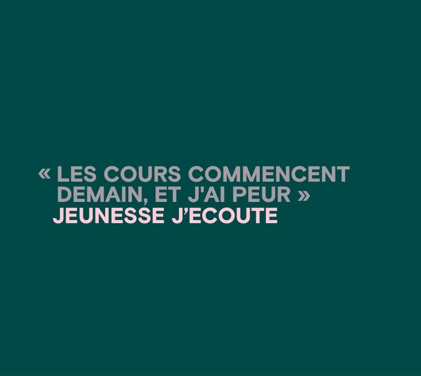 Image d’un texto anonyme, agrégé et paraphrasé d’un·e jeune contactant Jeunesse, J’écoute pour obtenir du soutien en santé mentale, qui se lit comme suit « Les cours commencent demain, et j’ai peur. »