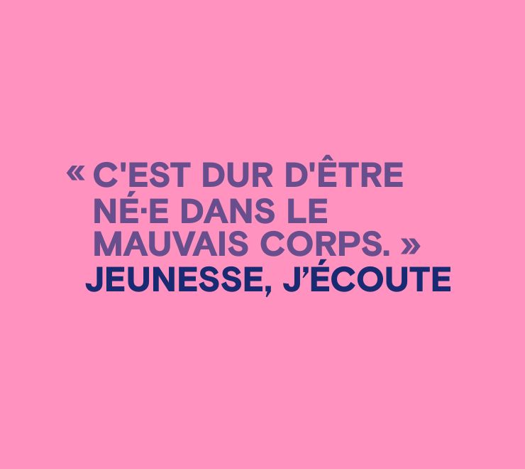 Une image présentant un texte anonymisé, agrégé et paraphrasé de jeunes communiquant avec Jeunesse, J'écoute pour obtenir du soutien en santé mentale, et sur lequel est écrit : « C'est dur d'être né·e dans le mauvais corps. »