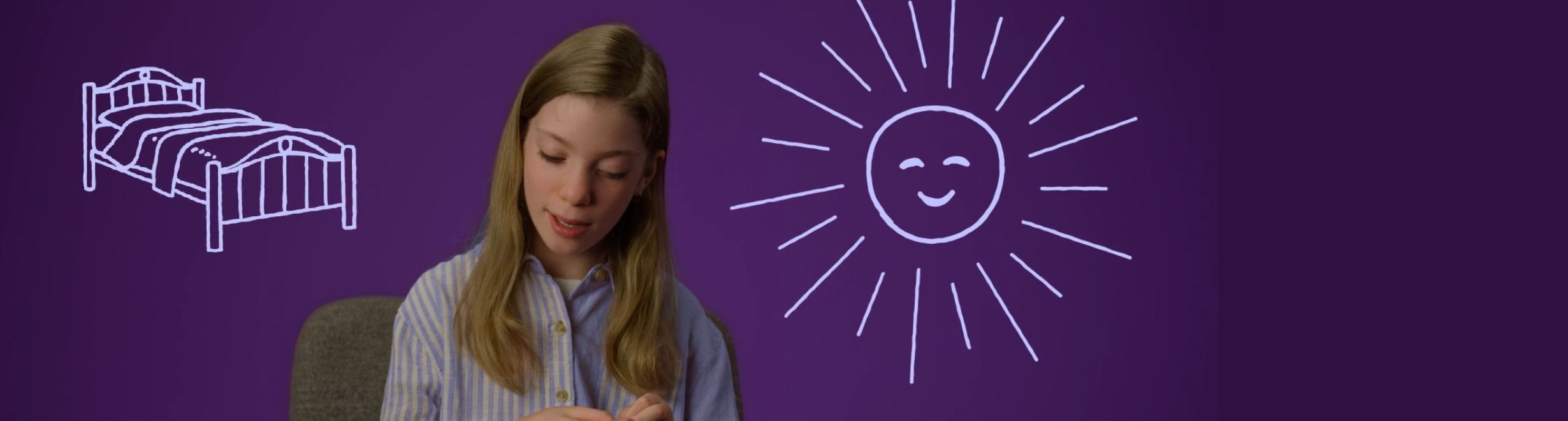 Une jeune personne sur fond violet avec une esquisse d'un lit et d'un soleil, réfléchissant à la façon de faire face aux troubles du sommeil