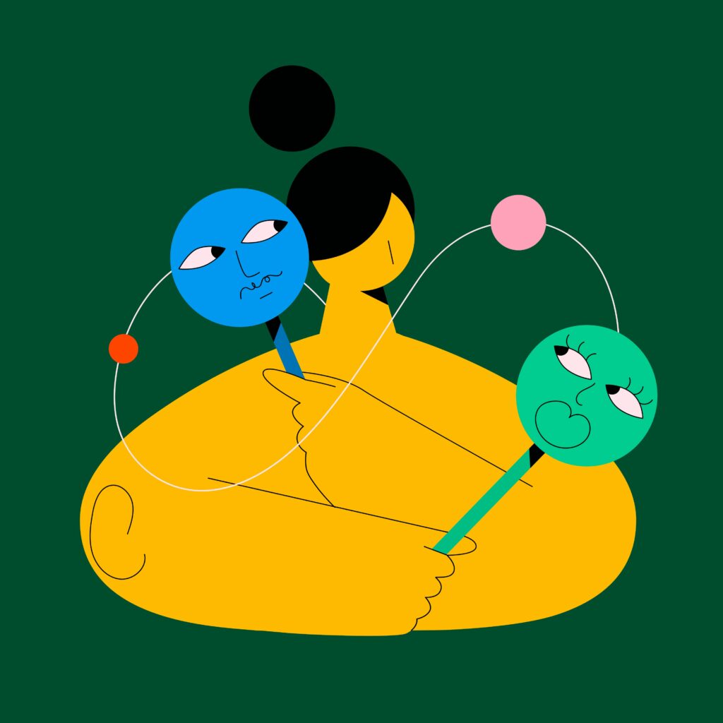 Illustration d'une personne tenant deux masques, alors qu'elle explore ce que signifie 2SLGBTQI+ pour elle