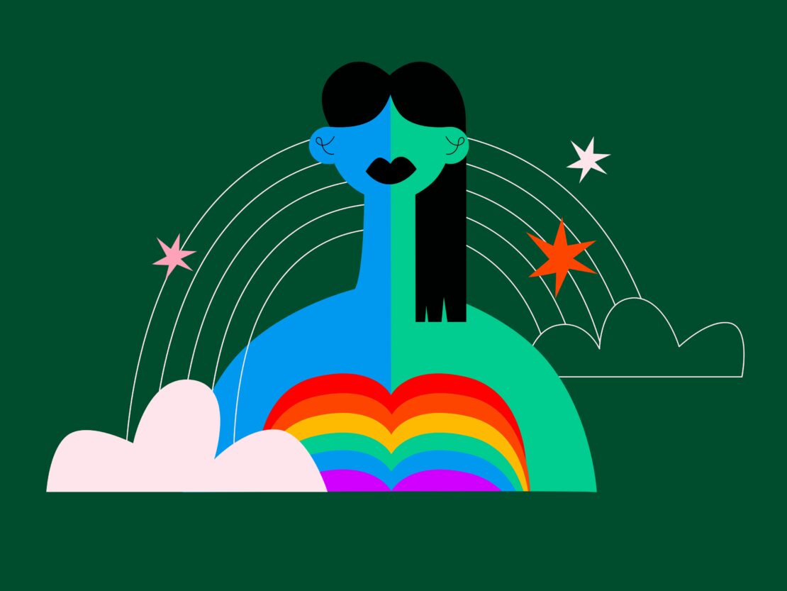 Illustration d'une personne présentant des traits à la fois féminins et masculins, avec les couleurs du drapeau de la fierté 2SLGBTQI+ sur sa poitrine